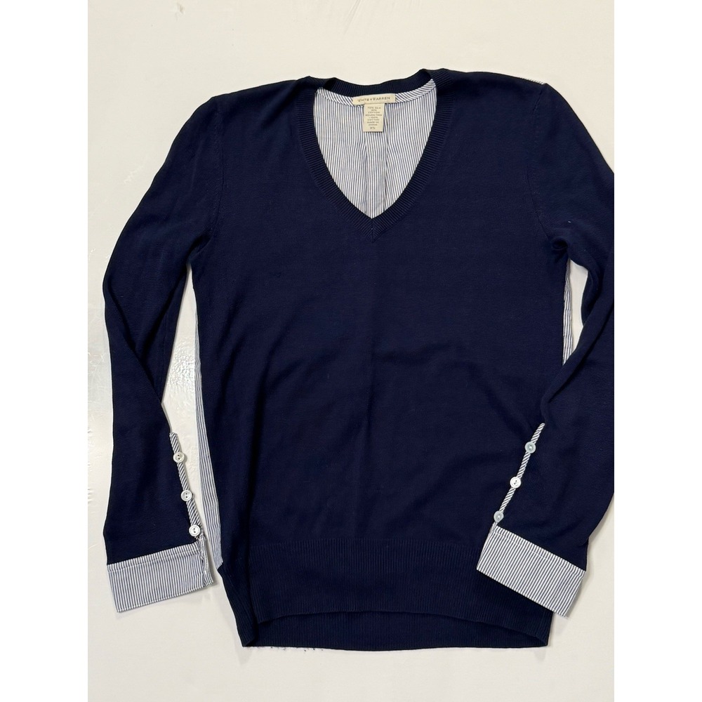 White + Warren Navy Blue Sweater Size XS Silk Cotton Pinstripe Back Office